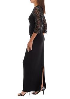 This elegant maxi gown is perfect for formal occasions and evening events. Its invisible zip closure ensures a smooth and secure fit, while the unlined design provides a lightweight and comfortable feel. Crafted from a blend of polyester and spandex, this gown offers both durability and flexibility. The crew neckline and three-quarter sleeves with embroidered detailing add a touch of sophistication to the overall design. Please note that this garment does not have pockets. | BRIANNA Women's Long Gown with Embroidered Neckline and Sleeves, Black, 18 Black Sleek Long Sleeve Evening Dress, Black Long Sleeve Embellished Gown, Black Lace Maxi Dress Long Sleeve, Elegant Black Long Sleeve Nightgown, Black Embellished Long Sleeve Embroidered Dress, Women Long Gown, Maxi Gown, Embroidered Neckline, Maxi Gowns