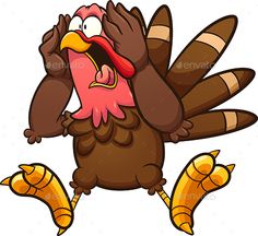 a cartoon turkey with its mouth open and hands in the air