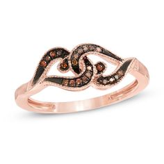 Sweetly romantic, let this ring be a symbol of your growing love. Fashioned in warm 10K rose gold, this simple band is topped with a duo of hearts lined with alluring enhanced cognac-hued diamond accents. Intricate milgrain detailing completes this charming linked heart design. A look of love she'll certainly treasure, this comfort-fit ring is finished with a bright polished shine. Brown Diamond Engagement Ring, Chocolate Diamond Ring, Table Mirrors, Rose Gold Rings, Chocolate Diamond, Look Of Love, Jar Centerpieces, Marquise Diamond Engagement Ring, Love Knot Ring