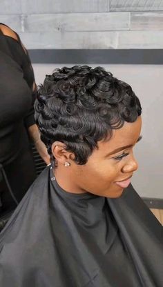 Styles For Pixie Haircut, Braids With Pixie Haircut, Short Short Pixie Haircut, Pixie Cut With Curls, Pixie Haircut Fingerwaves, Pixie Curls, Pixie Finger Waves Black Women, Black Girls Short Hair Waves, Pixie Cut Finger Waves