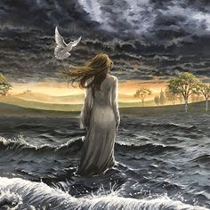 a painting of a woman standing in the ocean with a bird flying over her head