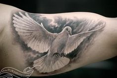 a man's arm with a dove tattoo on it