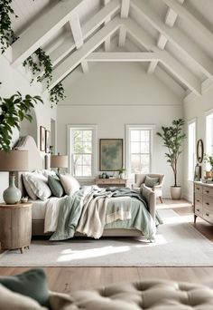 Sage Green Farmhouse Bedroom Master Bedrooms Eucalyptus, Sage Green Bedroom Black Furniture, Sage Green Home Decor Ideas, Sage Green Farmhouse Decor, Sage Green And Light Grey Bedroom, Green Farmhouse Bedroom Ideas, Sage Green Beach House, Beige And Sage Green Bedroom