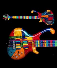 an electric guitar made out of colorful strips on black background, with the body painted multicolored