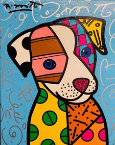 a painting of a dog wearing a colorful hat and polka dot shirt with the words happy birthday written on it