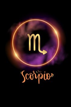 the zodiac sign scorpio is shown in an orange and purple circle on a black background