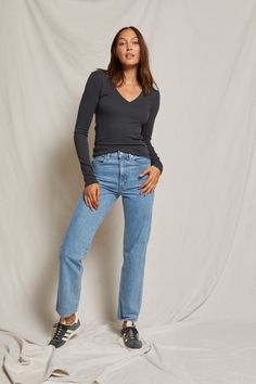 people always say not to choose favorites but we might make an exception. cut in slinky cotton rib with a wide v neck, this long sleeve fits like a glove and fits like it was made just for you. pair it with denim for an elevated look or easily dress it down with hailey or stevie.   please note for heather grey: due to Fitted Long Sleeve V-neck Top For Spring, Fitted V-neck Long Sleeve Top For Spring, Long Sleeve Cotton V-neck Sweater For Fall, Cotton V-neck Long Sleeve Sweater For Fall, Fitted Long Sleeve V-neck Sweater For Fall, Fall Long Sleeve V-neck Top, Trendy Long Sleeve Cotton V-neck Sweater, Trendy Cotton Long Sleeve V-neck Sweater, Trendy Stretch V-neck Top For Fall