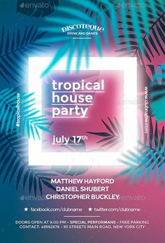 tropical house party flyer with palm leaves