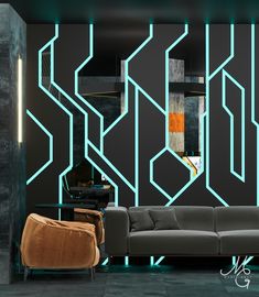 a modern living room with black walls and neon lights on the wall behind the couch