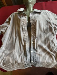 "Gray and white pinstripe blouse, a Wrinkle Free \"Foxcroft\" brand, Shaped Fit top with 3/4 length sleeves, made of 60% Cotton 40% Polyester, Size 18, Casual and Super Comfy Also, please take a look at my storefront at: https://www.etsy.com/shop/FabFinds42?ref=seller-platform-mcnav I have a wide selection of one-of-a-kind items, from clothing and toys to home decor and gift items, and I add new things almost every day!" Collared Pinstripe Tops For Daywear, Pinstripe Collared Tops For Daywear, Pinstripe Button-up Blouse With Striped Collar, Classic Pinstripe Blouse For Spring, Formal Striped Button-up Top, Classic Pinstripe Blouse For Summer, Formal Pinstripe Top With Striped Collar, Classic Pinstripe Collared Blouse, Striped Fitted Blouse For Daywear