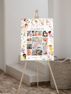 an easel with a baby's birth pictures on it and a basket next to it