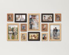 a group of framed photos hanging on the wall next to each other with people in them