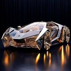 a futuristic car is shown in front of a black background with gold highlights on it