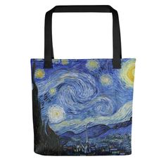 We make the difference! All our Vincent van Gogh products are of the very best color quality. Please compare!  Vincent van Gogh, Starry Night.  A spacious and trendy tote bag to help you carry around everything that matters. * 100% spun polyester fabric * Bag size: 15″ × 15″ (38.1 × 38.1 cm) * Capacity: 2.6 US gal (10 l) * Maximum weight limit: 44lbs (20 kg) * Dual handles made from 100% natural cotton bull denim * Handle length 11.8″ (30 cm), width 1″ (2.5 cm) * The handles can slightly differ depending on the fulfillment location * Blank product components sourced from China Rectangular Bags With Artwork For Daily Use, Artsy Everyday Bags With Artwork, Artistic Large Capacity Canvas Travel Bag, Artistic Rectangular Shopping Bag, Artistic Rectangular Shopping Bags, Artistic Large Capacity Shoulder Bag For Travel, Artistic Blue Bags For Everyday, Artistic Shoulder Bag For Travel, Artsy Rectangular Canvas Travel Bag