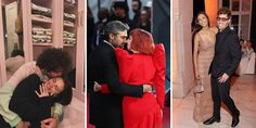 three pictures of people in formal wear, one is hugging the other