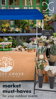 Pop-up event outside of flower market with printed table cover and flower display rack. Ipad Holders, Sidewalk Signs, Modern Fixtures, Portable Gazebo, Shop Shelving, Clothing Racks, Retail Fixtures, Shop Displays, Pop Up Market