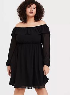 Black Chiffon Off Shoulder Ruffle Skater Dress, DEEP BLACK Long Sleeve Skater Dress Plus Size, Challis Dress, Knit Skater Dress, Black Lace Midi Dress, Off Shoulder Gown, Black Off Shoulder, Romantic Design, Black Chiffon, Trapeze Dress