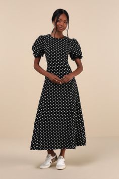 Add a little whimsical sweetness to your summer with the Sister Jane Sonora Star Black Jacquard Puff Sleeve Midi Dress! Lightweight woven jacquard fabric (with an ultra-cute star motif throughout) shapes short puff sleeves with elastic at the cuffs. Crew neckline tops a classic fit-and-flare silhouette that falls to a flaring skirt with a twirl-ready midi hem. Hidden zipper at back. Fit: This garment fits true to size. Length: Ankle length. Size uk m/us 6 measures 51" from shoulder to hem. Bust: Puff Sleeve Midi Dress, Sister Jane, Sisters Dress, Star Motif, Star Black, Long Dress Casual, Cute Stars, Puff Sleeve Dresses, Sleeve Midi Dress