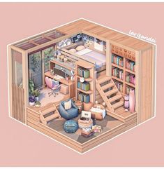 an aerial view of a living room with stairs and bookshelves on the walls