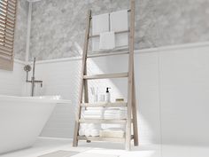 a bathroom with a ladder in the middle of it