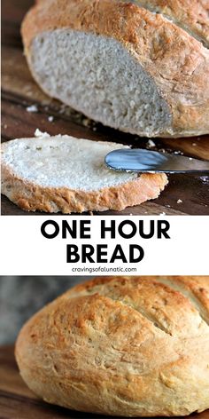 Round crusty bread collage image featuring bread cut open and a slice being buttered with a silver butter spreader in the top photo, and a close up of the outside of the bread in the bottom photo. Quick Dinner Bread, Hour Bread Recipe, One Hour Bread Recipe, One Hour Bread, Fastest Bread Recipe, Fast Bread, Crusty Bread Recipe, Bread Dinner