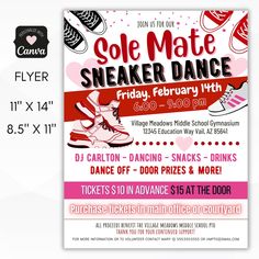 valentines sneaker dance flyer Valentines Event Ideas For Work, Valentine’s Day Dance Ideas, Middle School Valentines Dance, Dance Theme Ideas, Leadership Projects, School Dance Decorations, Pto Events, Fundraiser Invitation, Elementary Valentines