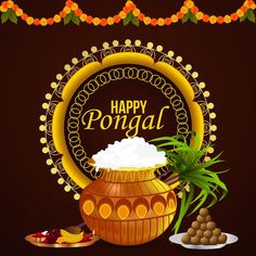 happy pongal greeting card with potted plant and plate on dark brown background