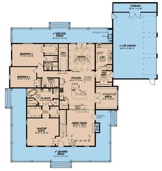 the first floor plan for a home with two levels and an attached garage area,