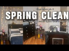 two beds in a room with string lights on the wall and an advertisement that says spring clean