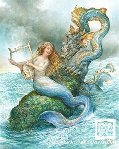 a mermaid sitting on top of a rock next to a sea monster holding a harp