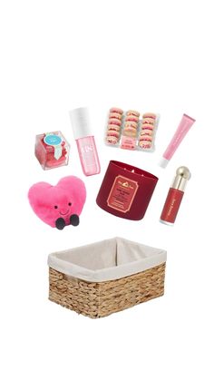 the contents of a small basket are arranged on a white background, including lipstick, eyeliners, and other items