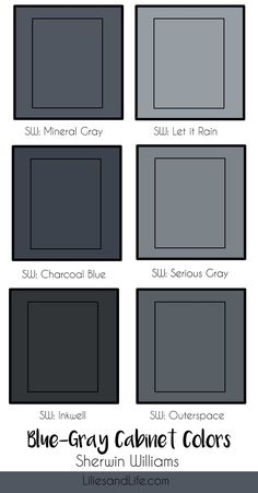 the blue gray cabinet colors are shown in different sizes and shapes, along with their names