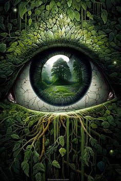 an eye that is surrounded by plants and trees