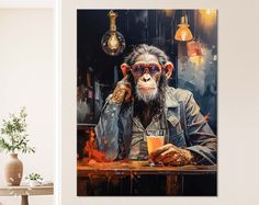 a painting of a monkey sitting at a table with a drink in front of it