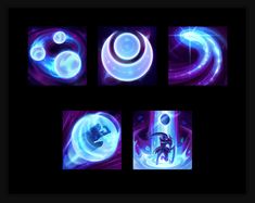 four different images of blue and purple light in the shape of circles, with an image of a man on a skateboard