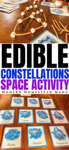 the cover of edible constellations space activity book on a wooden table with other cards