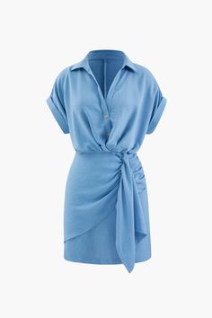 Ruched Detail Mini Shirt Dress Blue Pyjamas, Plus Zise, Clothes Designer, Baby Blue Colour, Mini Dresses Online, Dress Stores Online, Turndown Collar, Roll Up Sleeves, Mini Shirt Dress