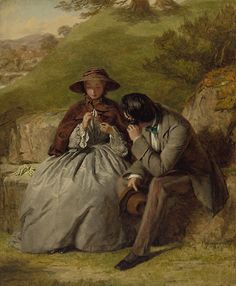 a painting of a man and woman sitting next to each other on a rocky hillside