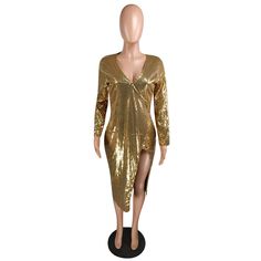 Sexy Low Cut Split Nightclub Sequin Dress Gold Bodycon Dress For Night Out, Gold Bodycon Dress For Club And Party Season, Gold Long Sleeve Bodycon Dress For Night Out, Metallic Sequin Club Dress, Gold V-neck Bodycon Dress For Night Out, Stretch V-neck Sequin Bodycon Dress, Club-ready V-neck Mini Dress With Sequins, Metallic V-neck Sequin Cocktail Dress, Leopard Print V-neck Evening Dress