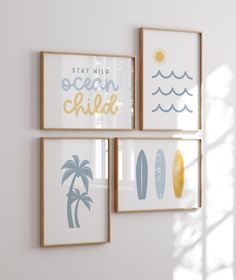 three framed pictures hang on the wall next to each other with surfboards and palm trees