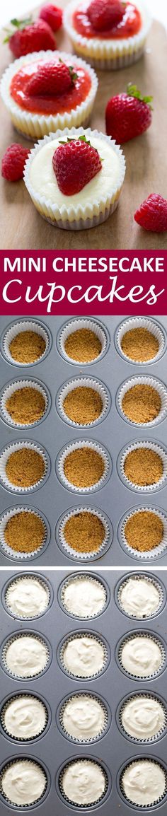 mini cheesecake cupcakes with strawberries in the middle and on top, ready to be baked