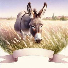 a donkey standing in tall grass with a ribbon around it's neck and an empty banner behind it