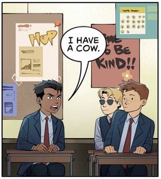 two men sitting at desks talking to each other with speech bubbles above their heads