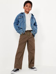 interior adjustable waistband regular button closure zip fly scoop pockets and coin pocket at front utility patch pockets at back built-in hammer loop at left leg sits at waist baggy fit through hip and thigh model is approx.  4’5” and wears size m (8)machine wash according to the care instruction label Cool Boys Clothes, Bucket Drumming, Boys Fall Fashion, Pants For Boys, Almond Breeze, Baggy Clothes, Boys Fashion, Carpenter Pants, Boys Clothes Style