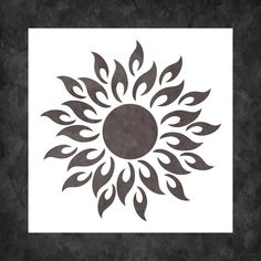 a black and white drawing of a sunflower with flames on the petals, in a square