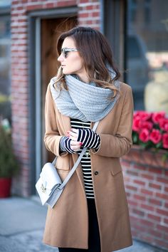 Classic Stripes via City Tonic Camel Coat Outfit, Fashion Forward Outfits, How To Wear A Scarf, Neue Outfits, Street Style Winter, How To Wear Scarves, Outfits Fall, Coat Outfits