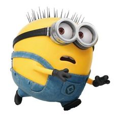 a yellow and blue minion with spikes on it's head is in the air