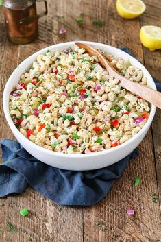 creamy vegan macaroni salad in a white bowl