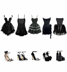 four different types of women's dresses and high heeled shoes on white background