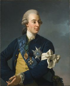 a painting of a man in blue and yellow uniform with his hands on his hips